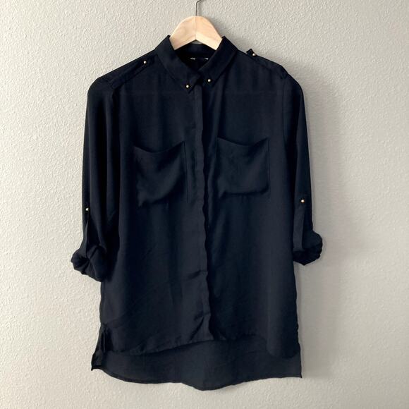 H&M Button Front Blouse - Roll Tab Sleeves - Gold Tone Button Detail - Black - 2 - Picture 2 of 10
